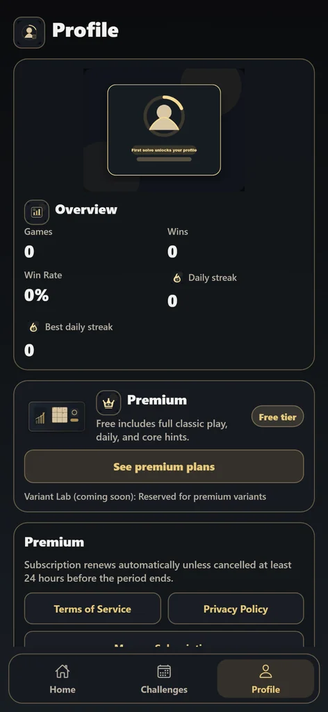 NineSmith Sudoku — ekran Profile i Premium